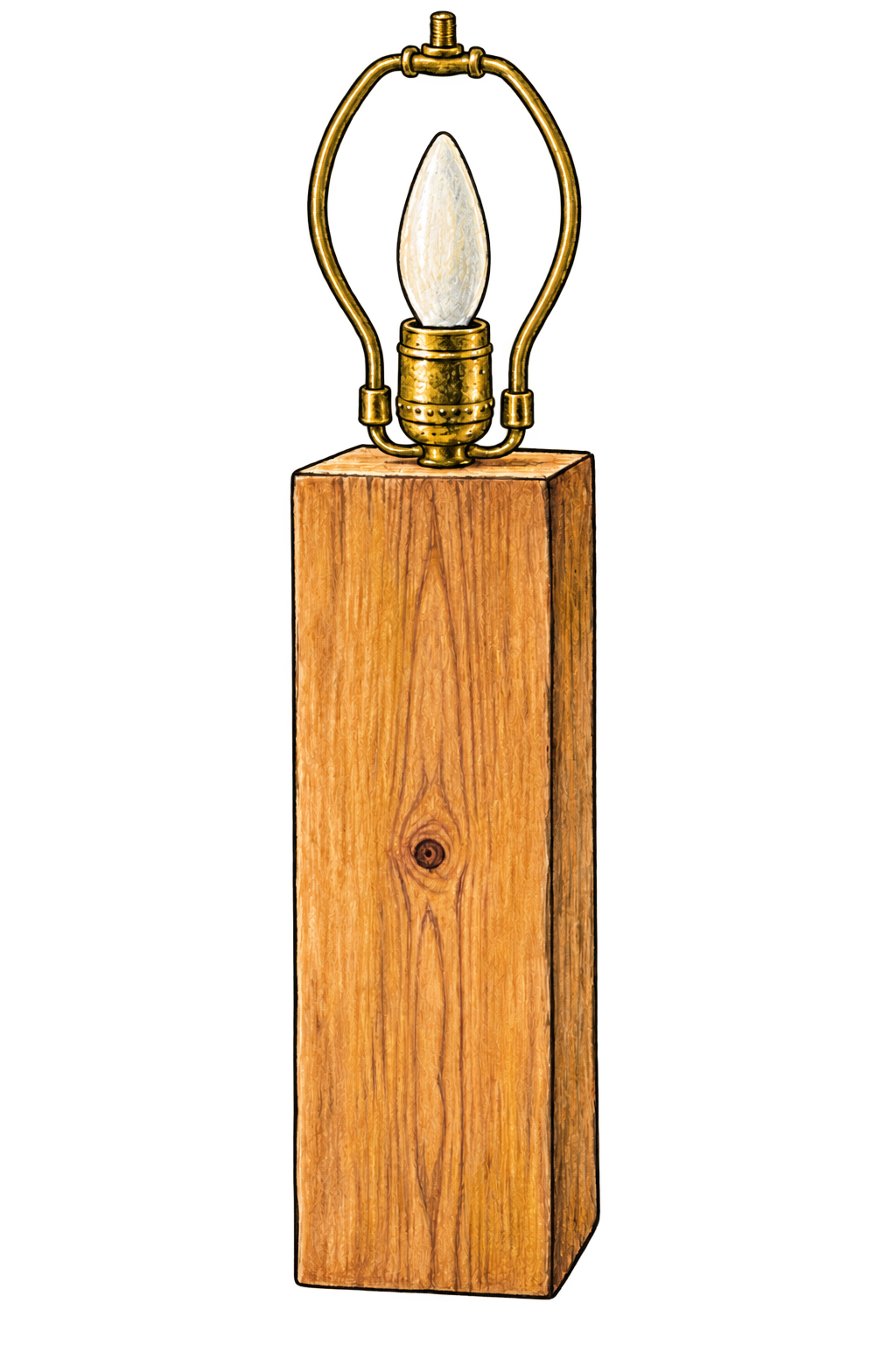 Hand-drawn wine-box lamp with exposed bulb, brass harp, and ornate knob